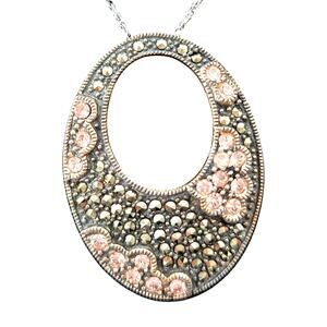 Marcasite & Crystal 17" Necklace Oval Pendant NF 925 Sterling Silver Thailand